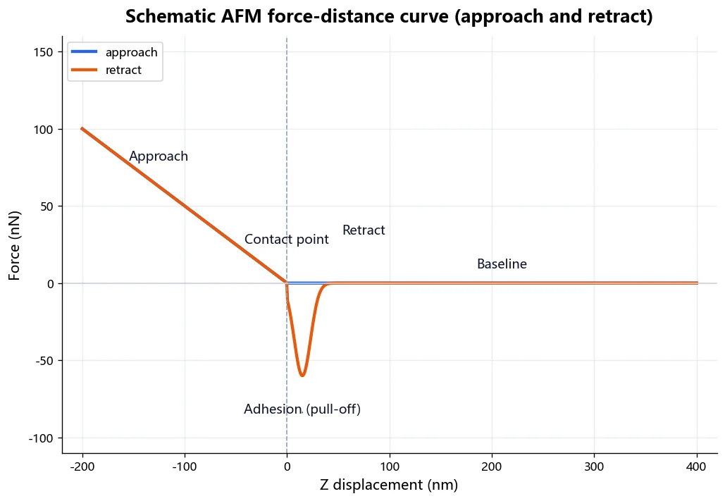 Schematic AFM force-distance curve showing baseline, contact point, approach, retract, and adhesion pull-off