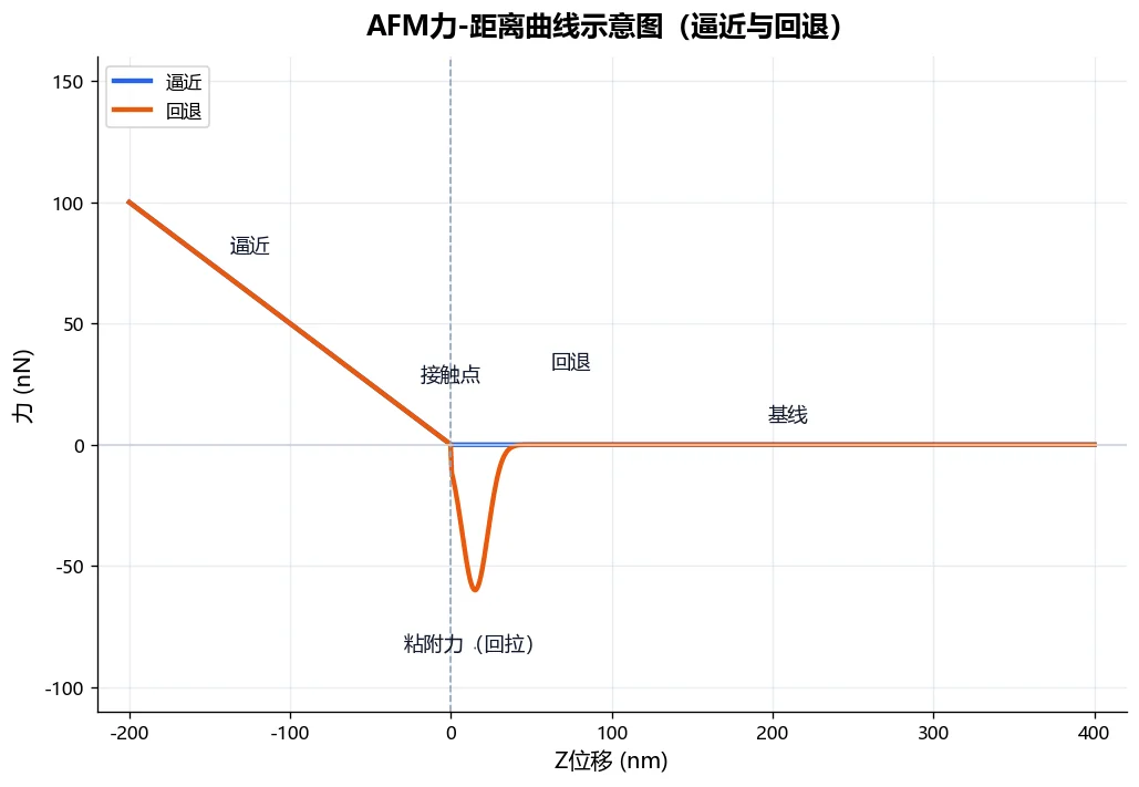 AFM力-距离曲线示意图：显示基线、接触点、逼近、回退与粘附回拉