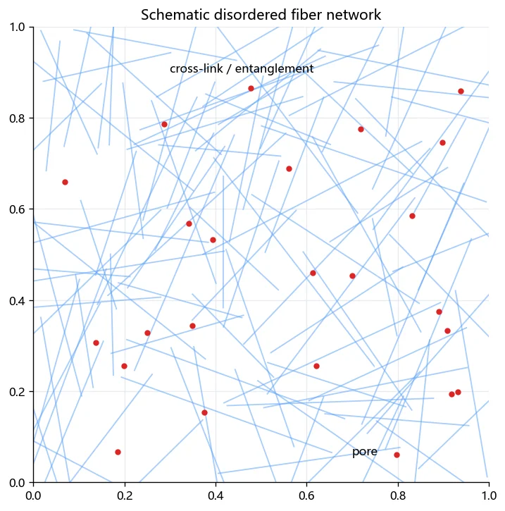 Schematic disordered fiber network with fibers, cross-links, and pores