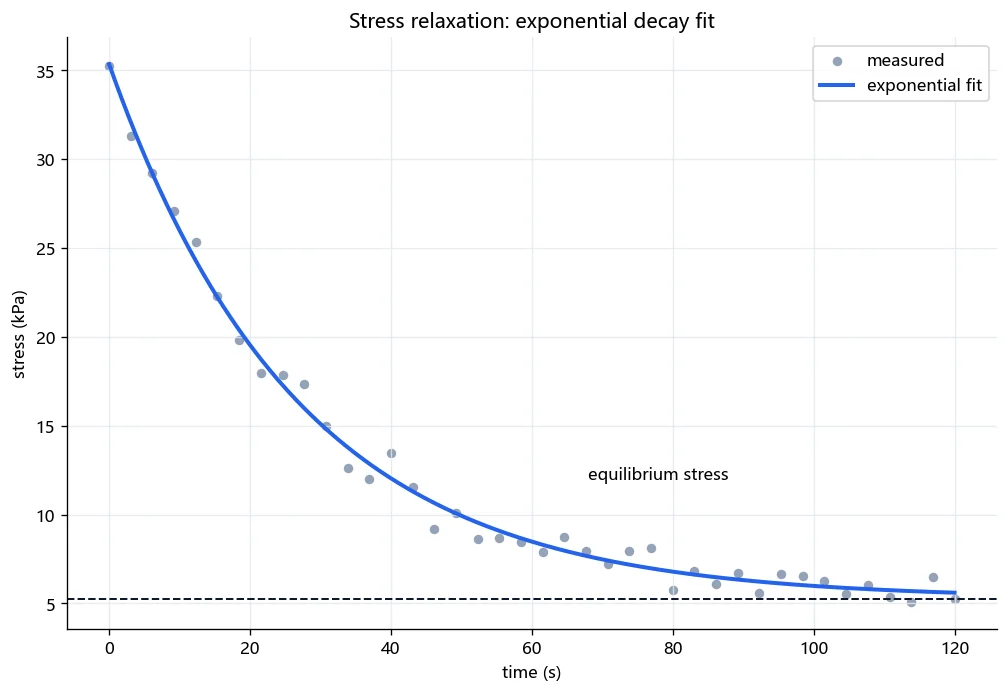 Measured stress-relaxation data with an exponential decay fit and equilibrium stress level