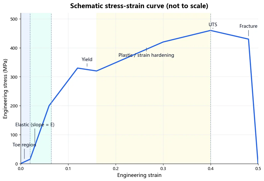 Schematic stress-strain curve showing the toe, elastic, yield, plastic/strain-hardening, ultimate tensile strength, and fracture regions